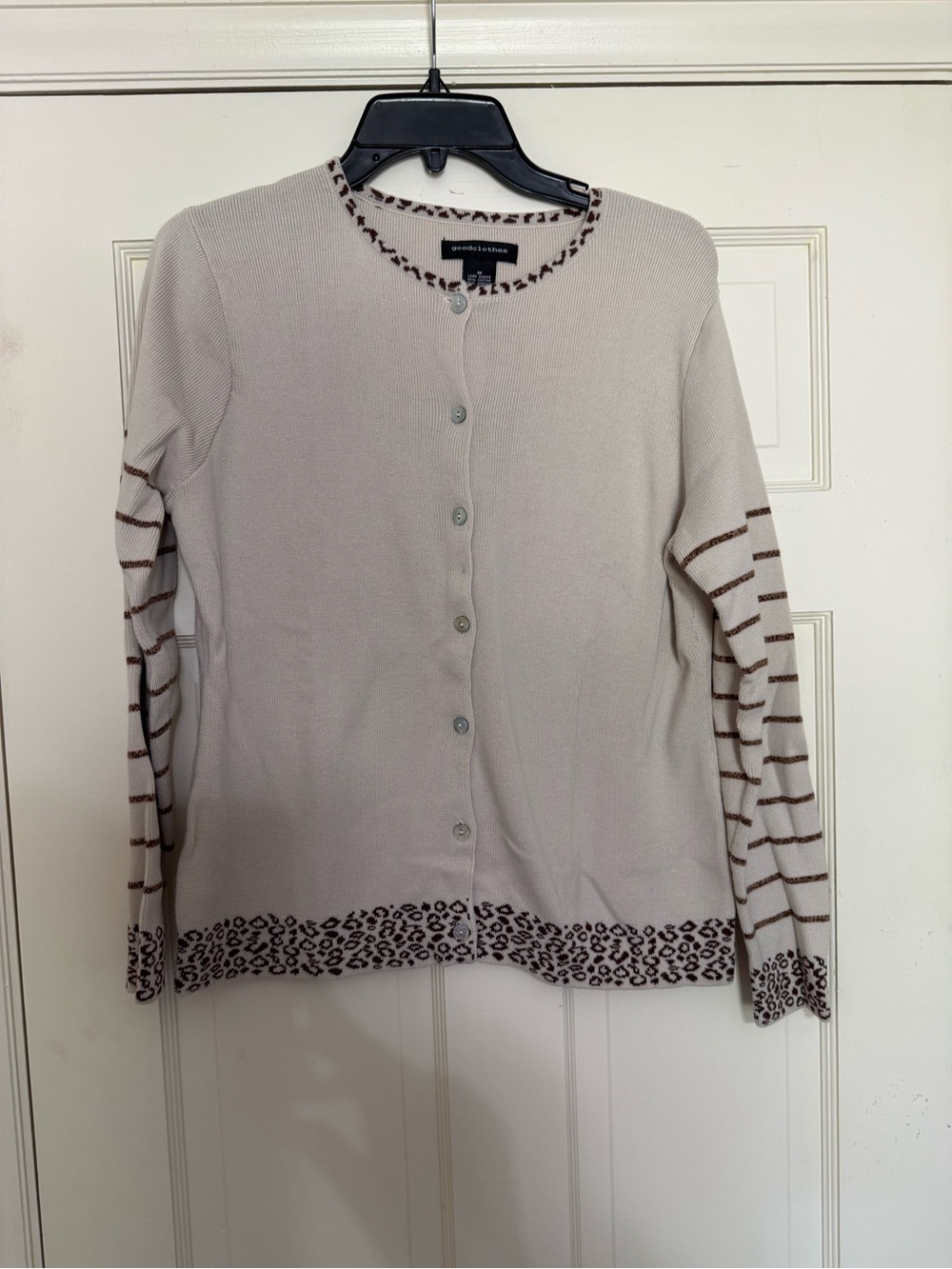 Goodclothes Beige Cardigan with Leopard Print Trim and Striped Sleeves - M